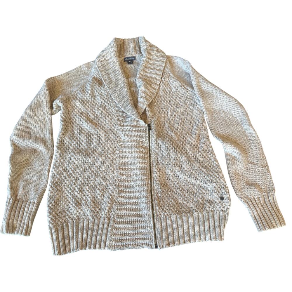 Eddie Bauer Womens Shawl Collar Full Zip‎ Cardigan Sweater M Cream Cozy Comfort